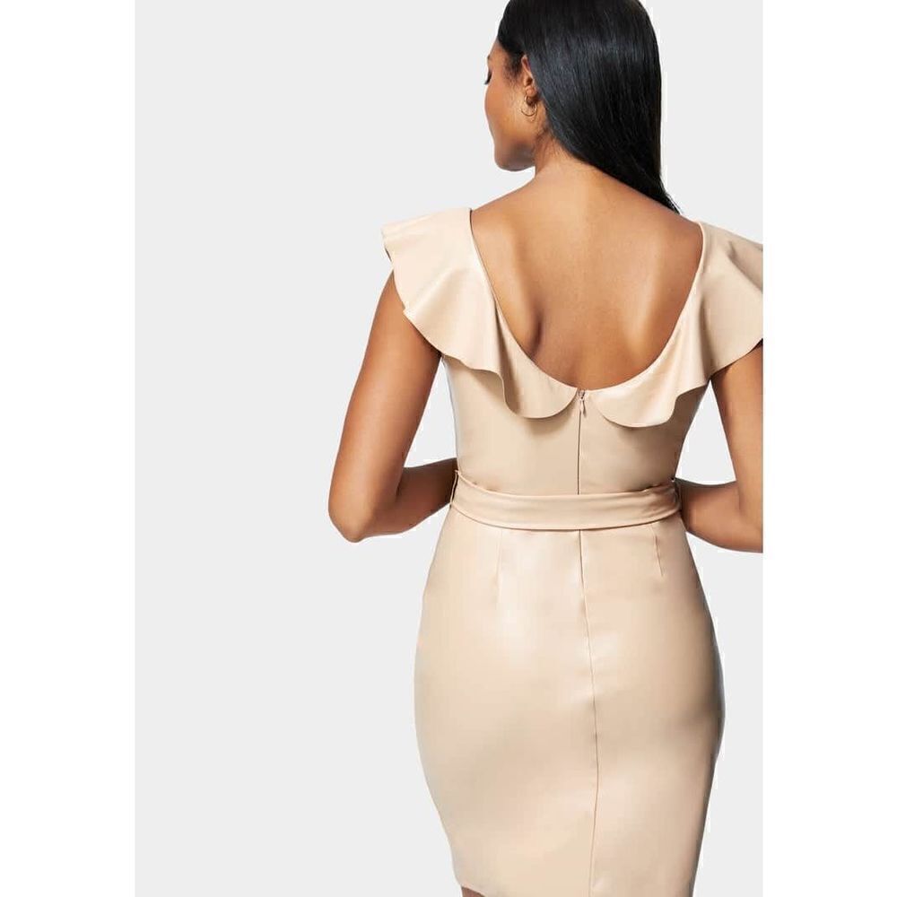 Bebe VEGAN LEATHER RUFFLE WRAP DRESS New - Picture 3 of 8
